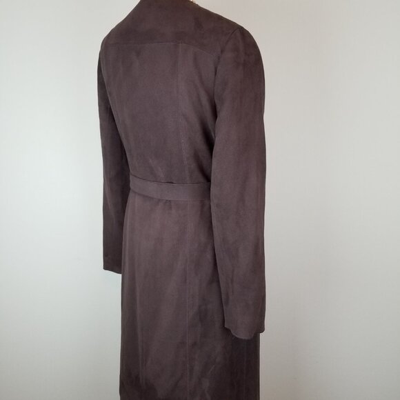 INC Faux Suede Chocolate Brown Long Length Trench Belted L/S Jacket * Size 10 - Picture 6 of 9